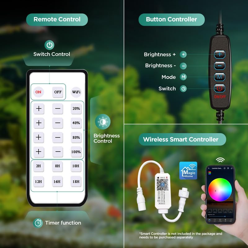 Lominie LED Aquarium Light Saltwater Aquarium Lamp 30W Full Spectrum with Remote Dimmable Nano Coral Reef Light for Fish Tank with Bracket