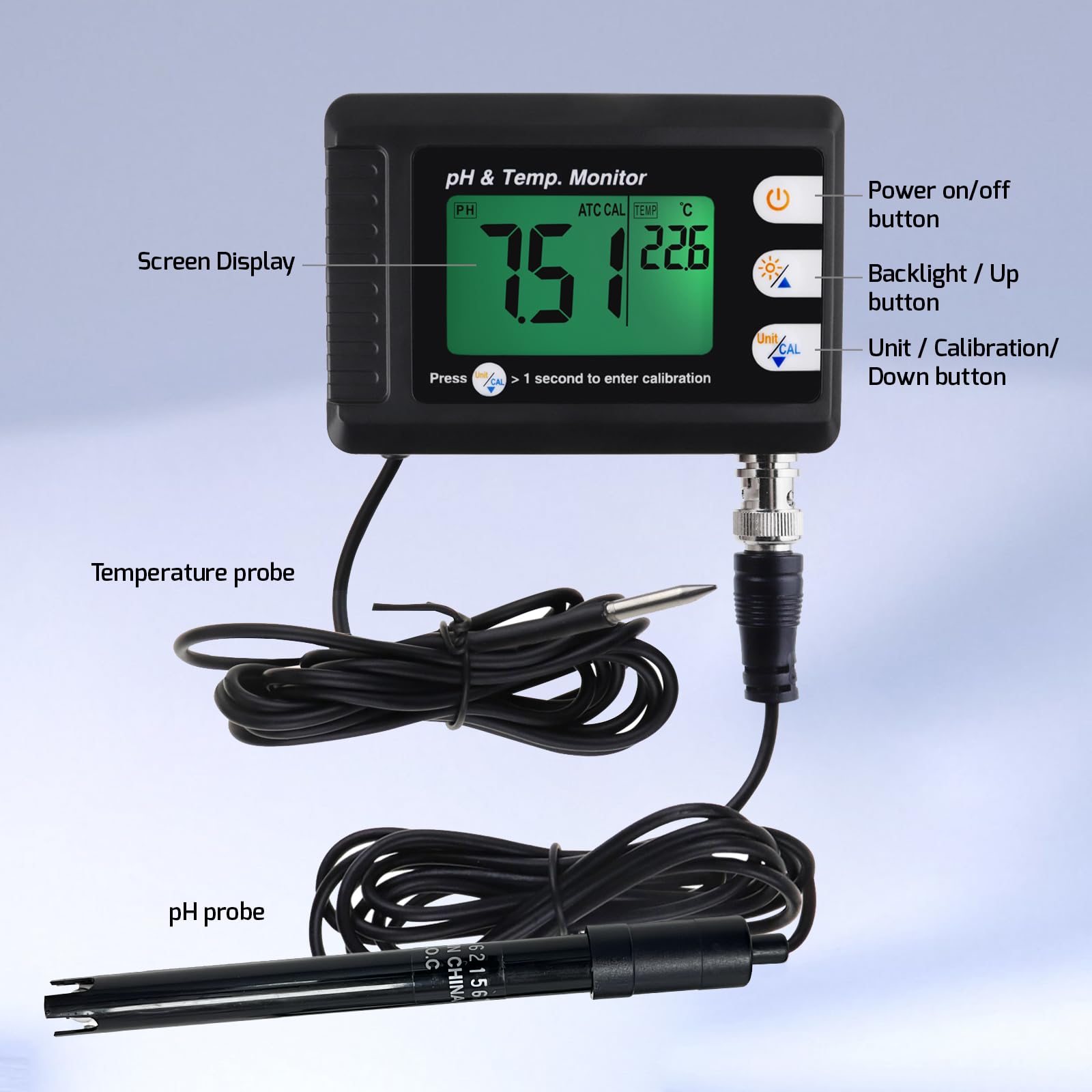 Digital Combo pH & Temperature Meter, Aquarium Thermometer pH Monitor with Automatic Calibration Function for Fish Tank Hydroponics Aquaculture Laboratory