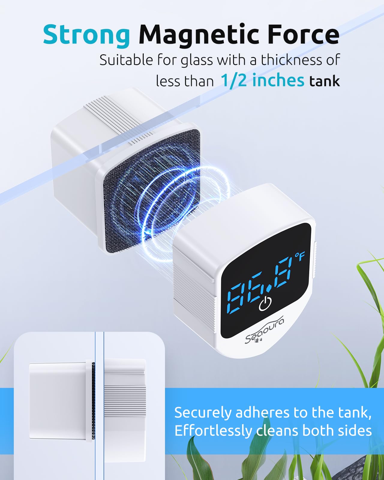 Aquarium Magnetic Cleaner with Thermometer, Fish Aquariums Mini Magnet Brush Only for Glass Tank,Tiny Magnets Clean Floating Cleaning ToolAlgae Scrapers(Blue)