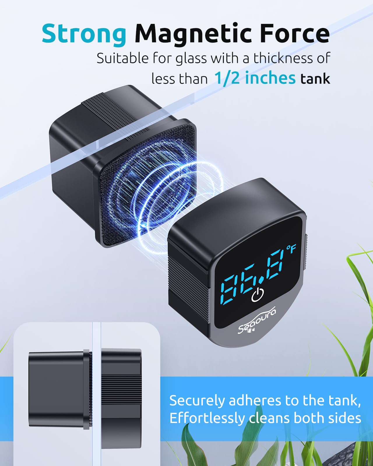 Aquarium Magnetic Cleaner with Thermometer, Fish Aquariums Mini Magnet Brush Only for Glass Tank,Tiny Magnets Clean Floating Cleaning ToolAlgae Scrapers(Blue)