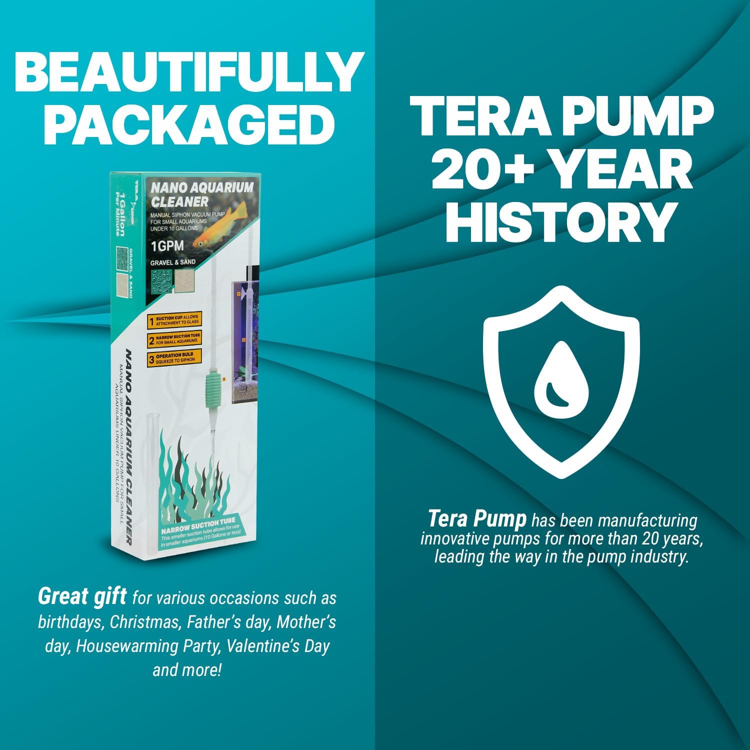 TERA PUMP Nano Aquarium Gravel Cleaner - Ideal for Under 10 Gallon Tanks, BPA-Free, Manual Squeeze Pump, High Flow, Secure Attachment, Perfect for Fresh & Saltwater Environments