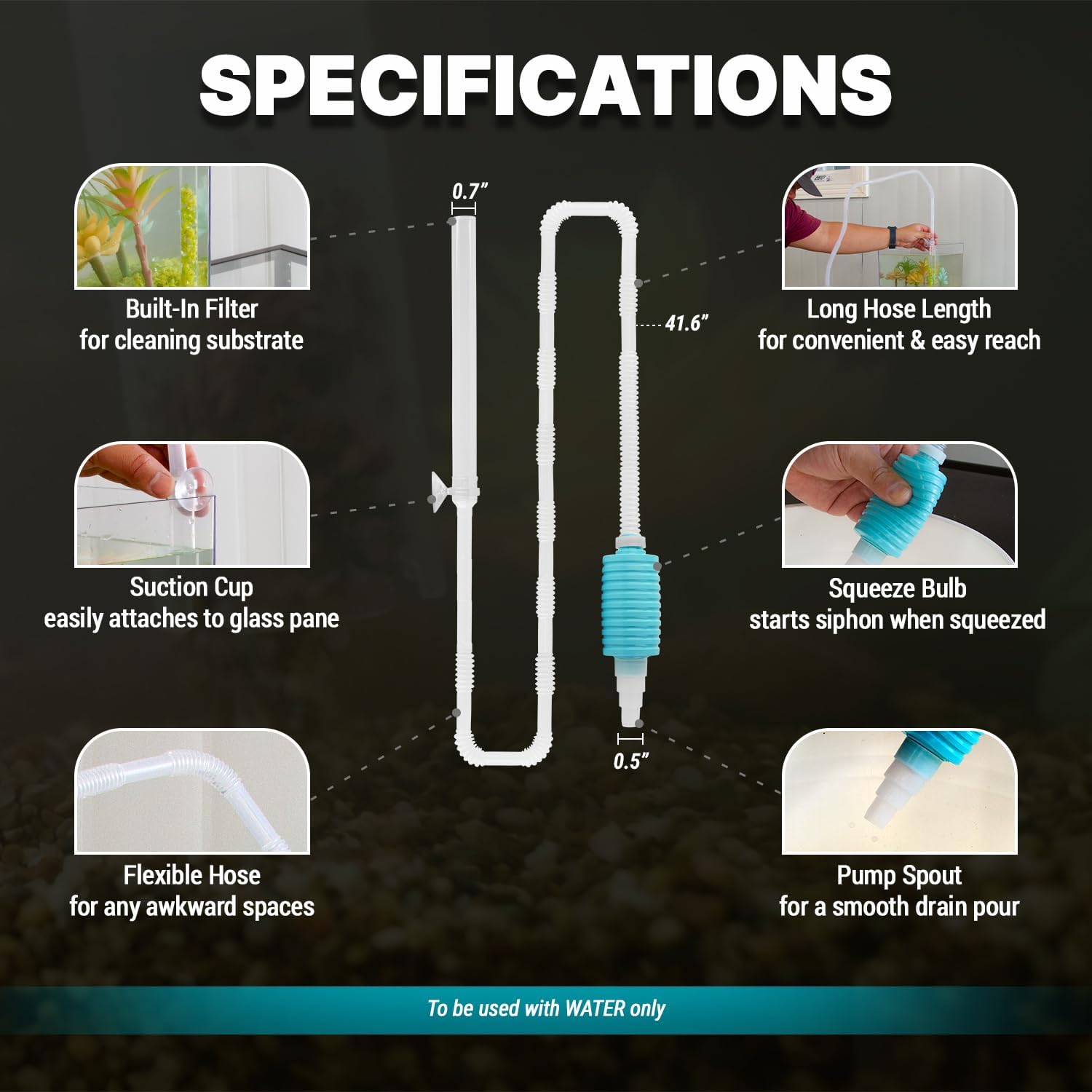 TERA PUMP Nano Aquarium Gravel Cleaner - Ideal for Under 10 Gallon Tanks, BPA-Free, Manual Squeeze Pump, High Flow, Secure Attachment, Perfect for Fresh & Saltwater Environments