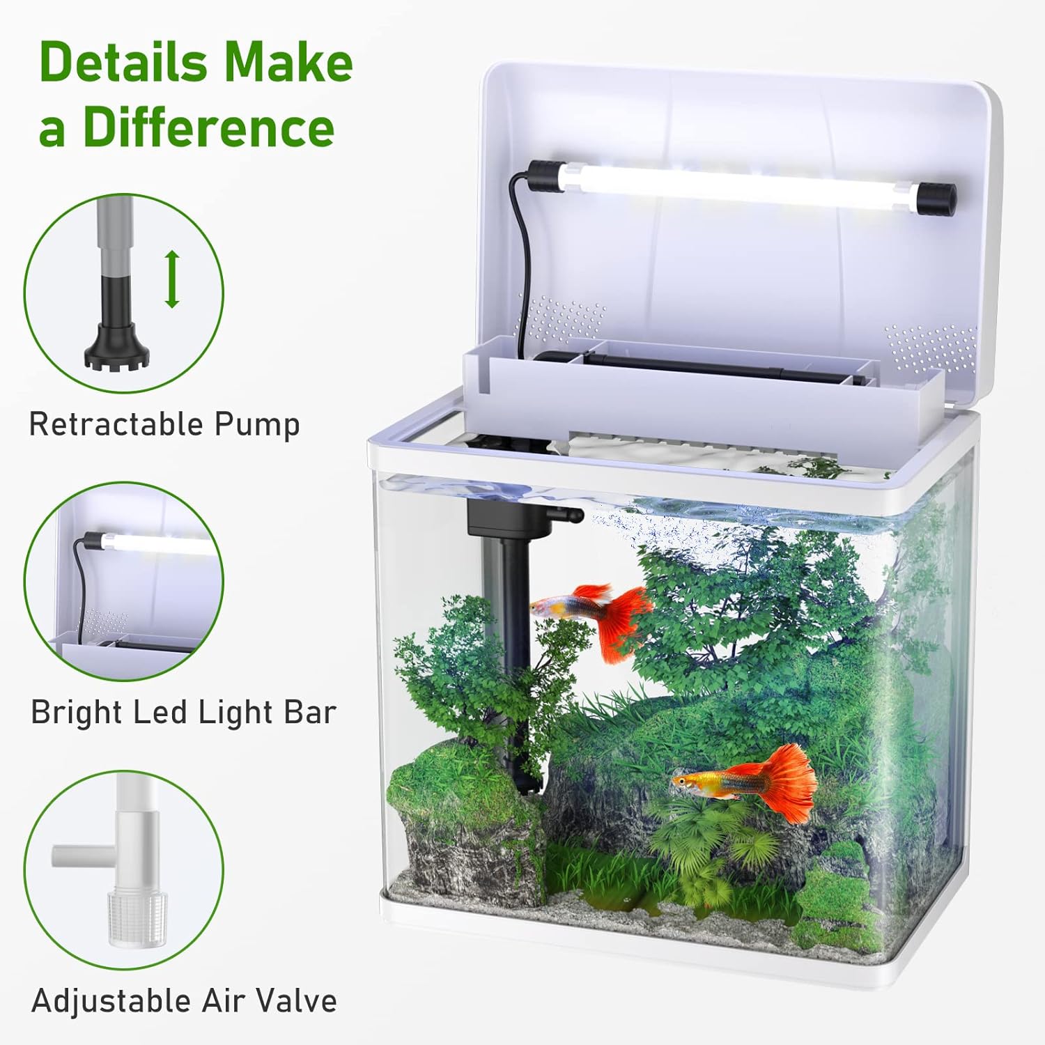 PONDON Fish Tank, 1.7 Gallon Glass Aquarium with Air Pump & LED Light & Filter, Small Fish Tank for Betta Fish Starter Kit (White)