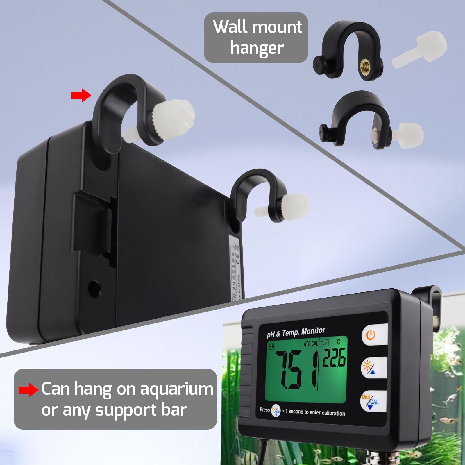 Digital Combo pH & Temperature Meter, Aquarium Thermometer pH Monitor with Automatic Calibration Function for Fish Tank Hydroponics Aquaculture Laboratory