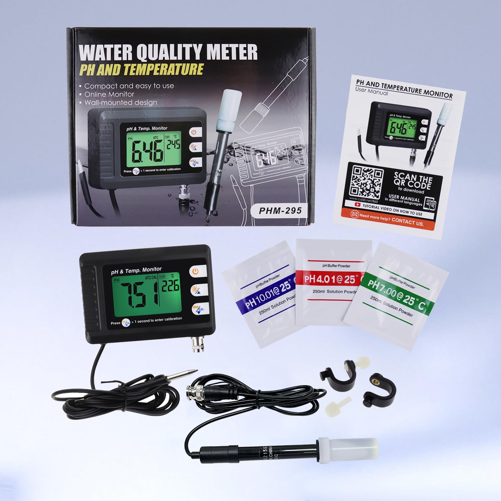 Digital Combo pH & Temperature Meter, Aquarium Thermometer pH Monitor with Automatic Calibration Function for Fish Tank Hydroponics Aquaculture Laboratory