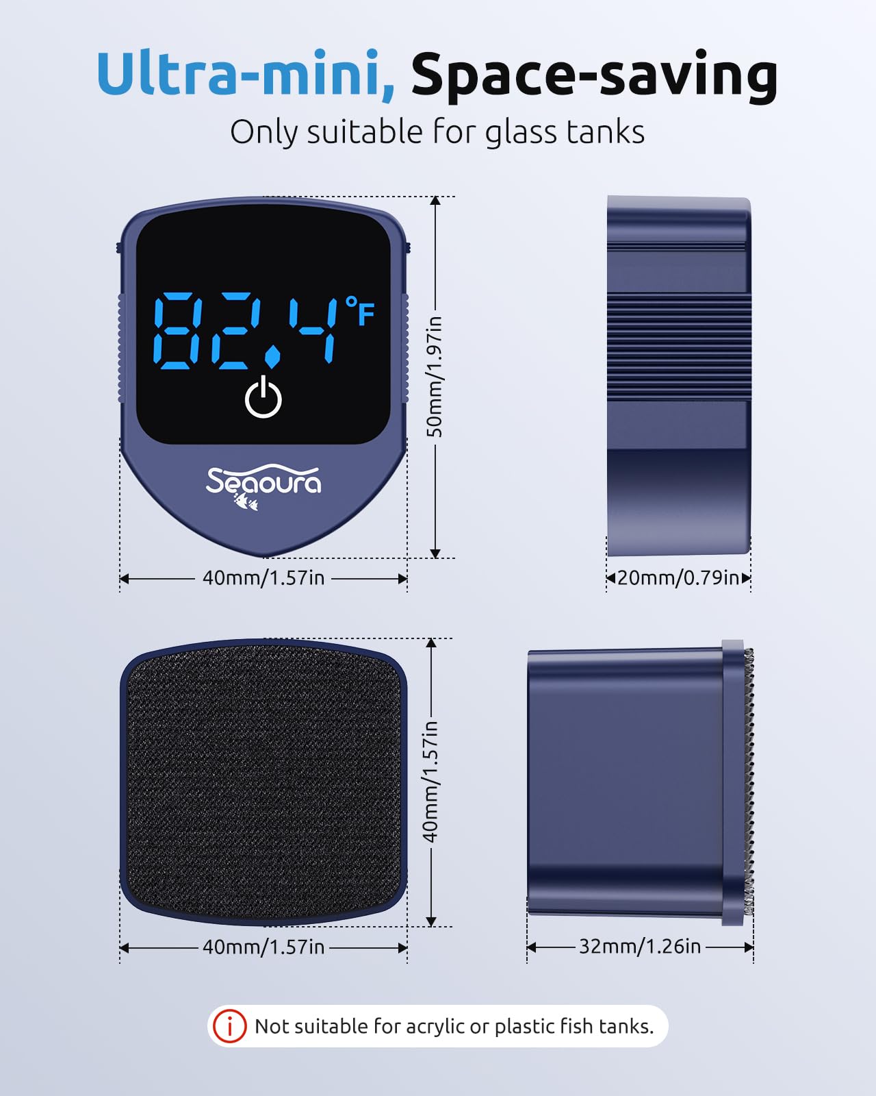 Aquarium Magnetic Cleaner with Thermometer, Fish Aquariums Mini Magnet Brush Only for Glass Tank,Tiny Magnets Clean Floating Cleaning ToolAlgae Scrapers(Blue)