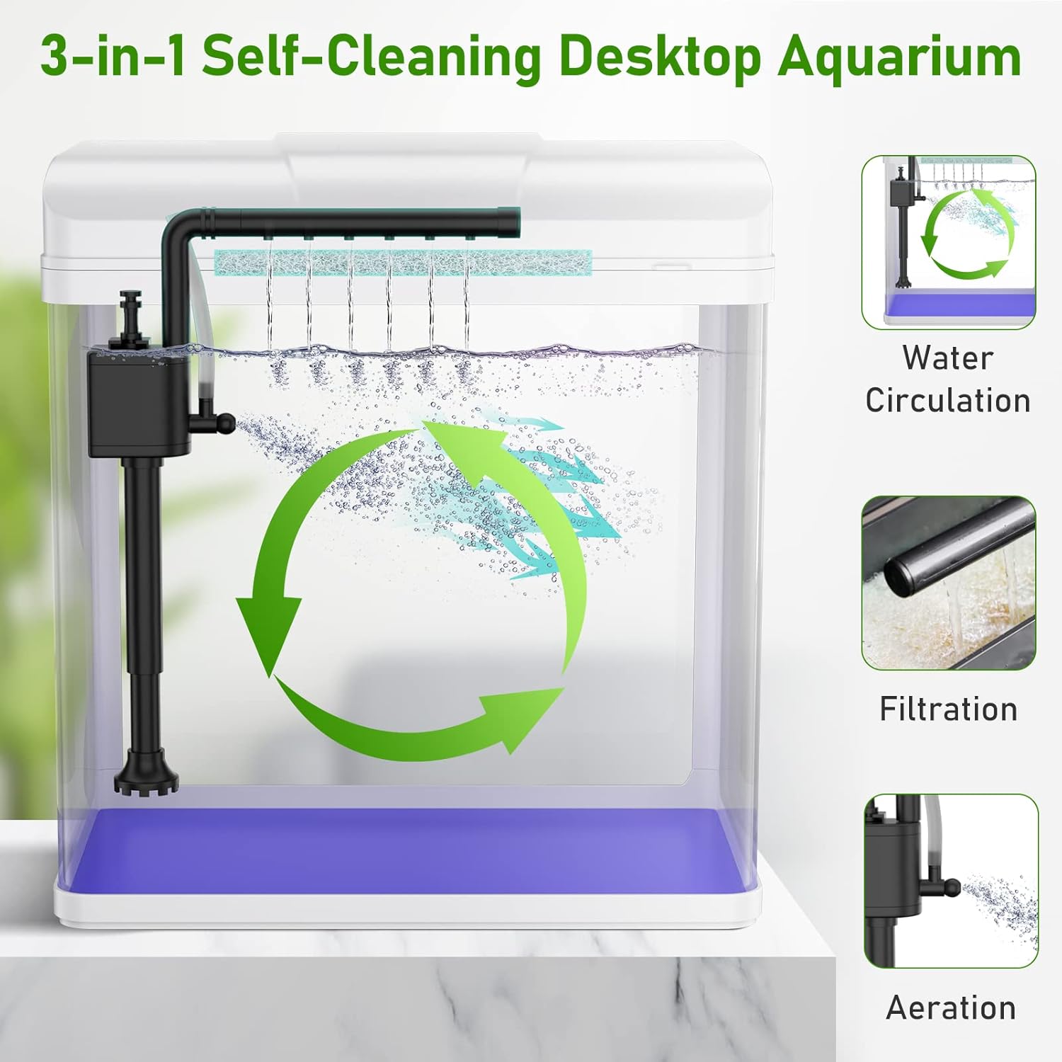 PONDON Fish Tank, 1.7 Gallon Glass Aquarium with Air Pump & LED Light & Filter, Small Fish Tank for Betta Fish Starter Kit (White)