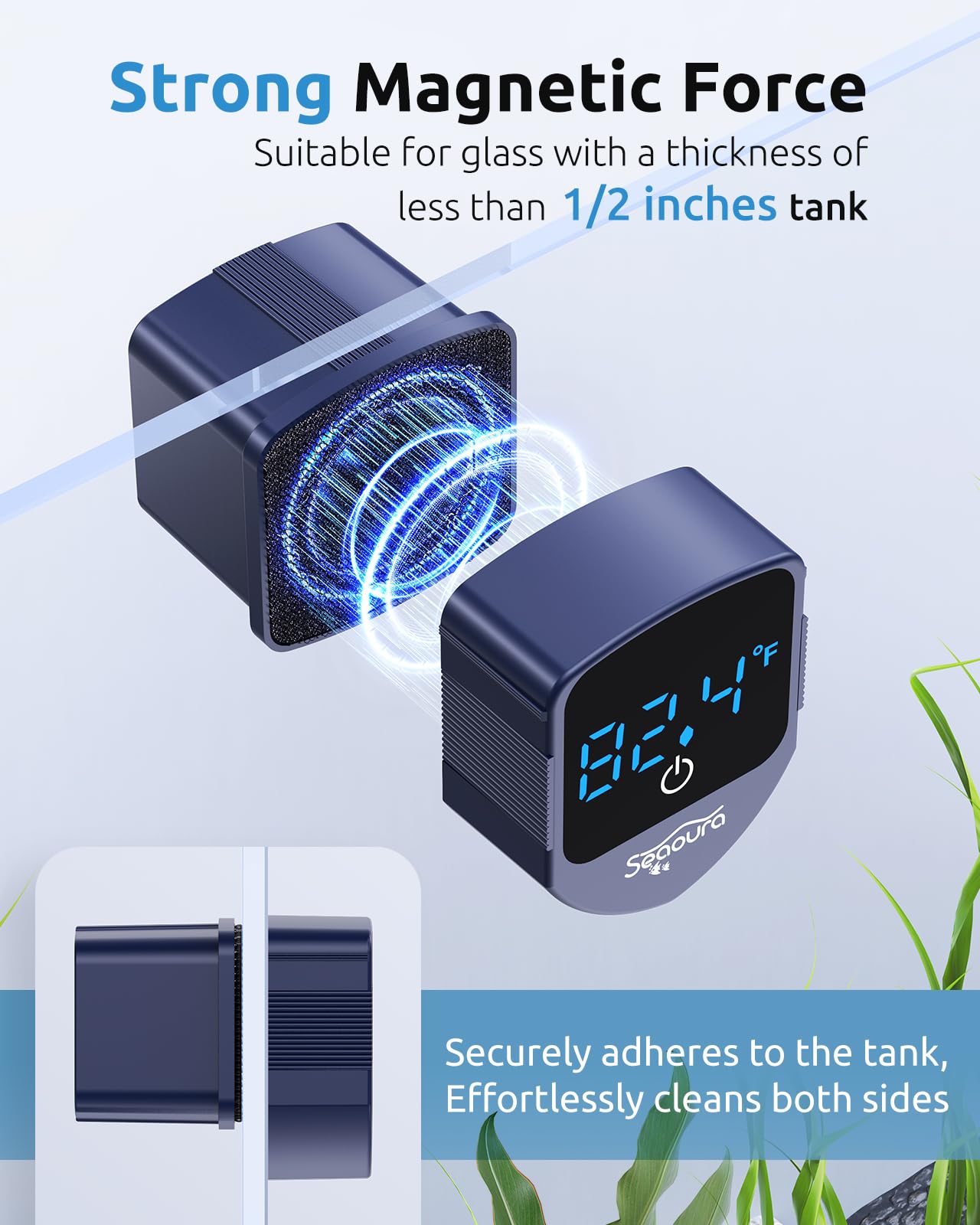 Aquarium Magnetic Cleaner with Thermometer, Fish Aquariums Mini Magnet Brush Only for Glass Tank,Tiny Magnets Clean Floating Cleaning ToolAlgae Scrapers(Blue)