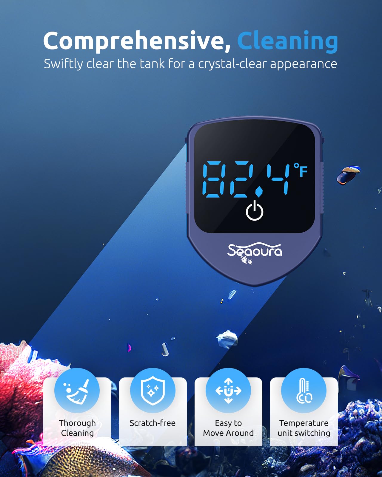 Aquarium Magnetic Cleaner with Thermometer, Fish Aquariums Mini Magnet Brush Only for Glass Tank,Tiny Magnets Clean Floating Cleaning ToolAlgae Scrapers(Blue)