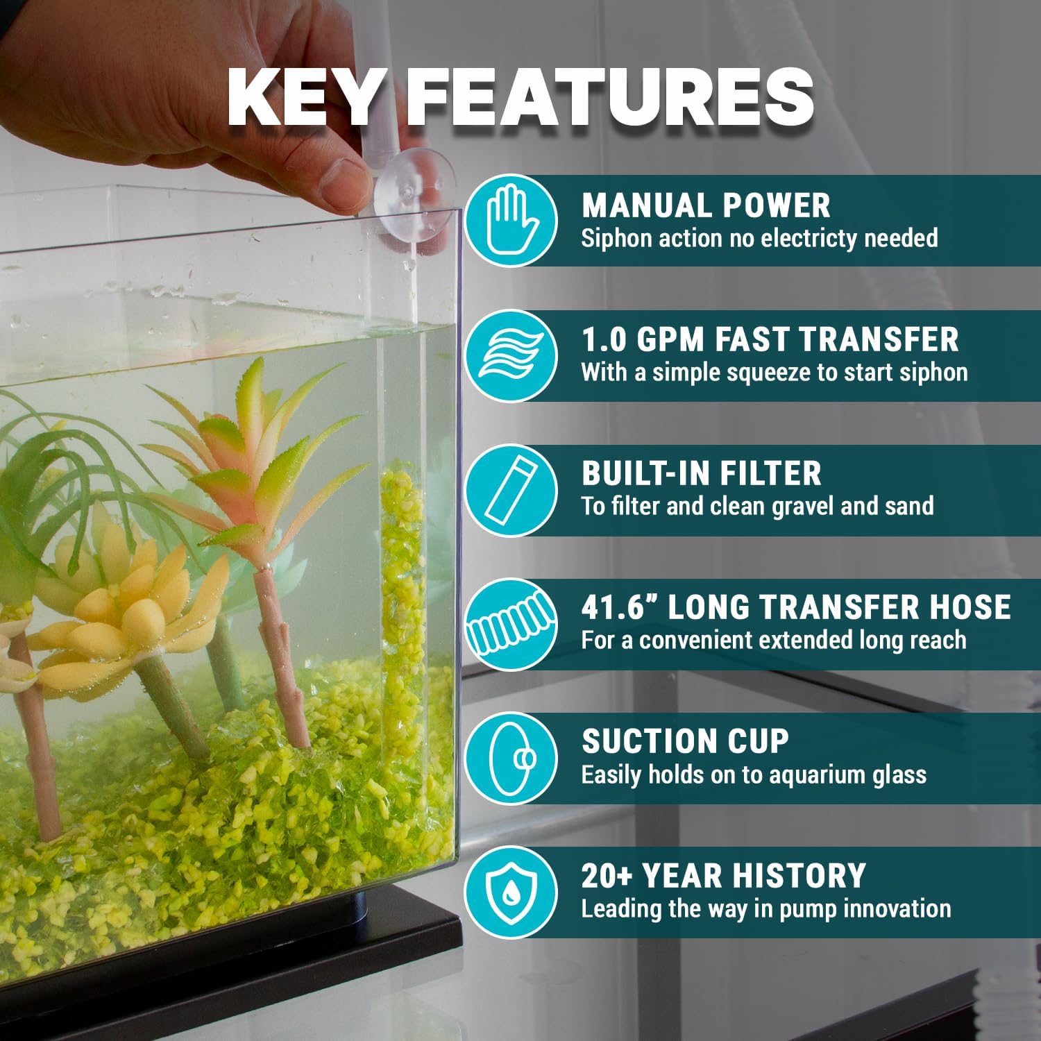 TERA PUMP Nano Aquarium Gravel Cleaner - Ideal for Under 10 Gallon Tanks, BPA-Free, Manual Squeeze Pump, High Flow, Secure Attachment, Perfect for Fresh & Saltwater Environments
