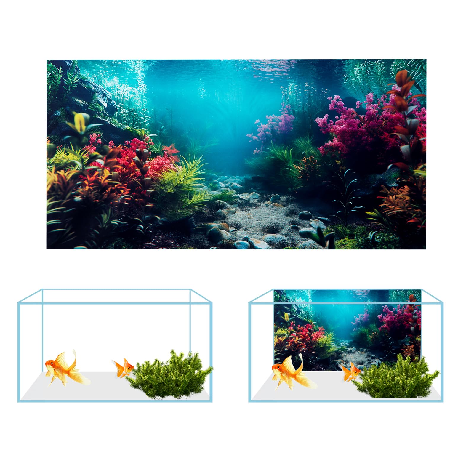 COMSUN 3 Pack Aquarium Background, 36x18 inches Polyester Aquarium Background, Cloth Fish Tank Background, Undersea Corals Sunshines & Rock Aquatic Plants