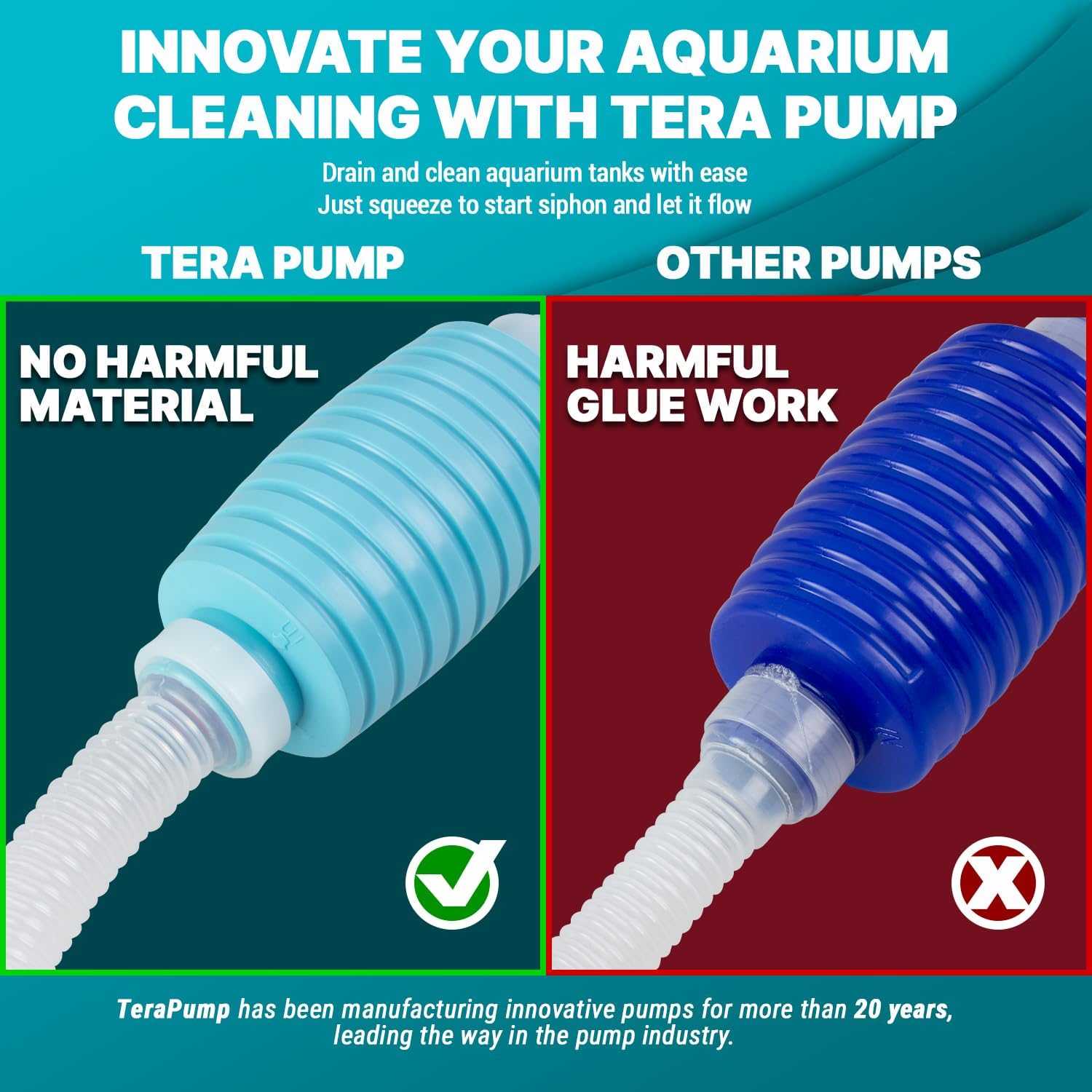 TERA PUMP Nano Aquarium Gravel Cleaner - Ideal for Under 10 Gallon Tanks, BPA-Free, Manual Squeeze Pump, High Flow, Secure Attachment, Perfect for Fresh & Saltwater Environments