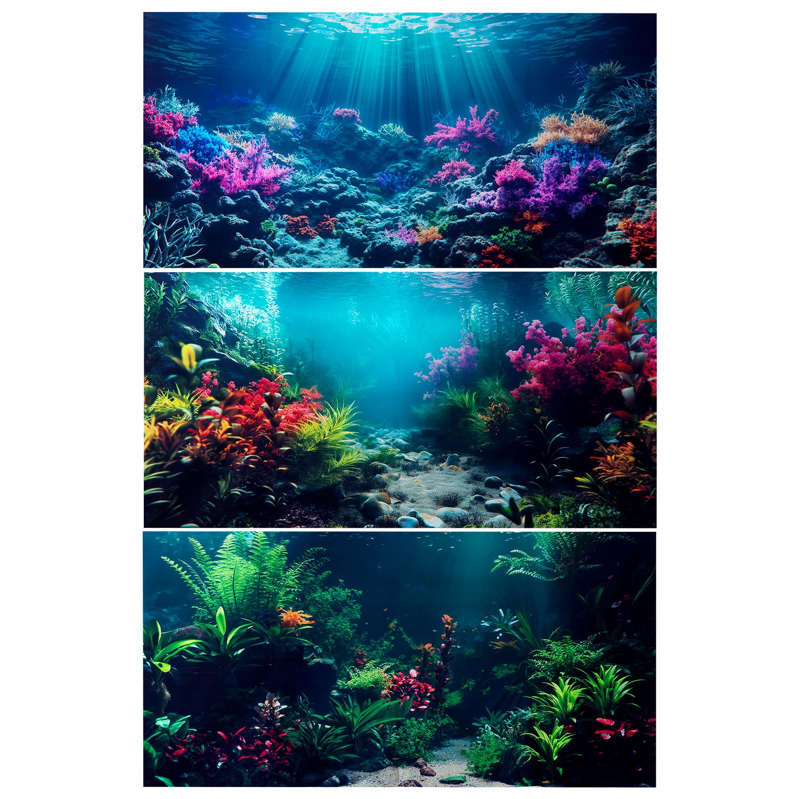 COMSUN 3 Pack Aquarium Background, 36x18 inches Polyester Aquarium Background, Cloth Fish Tank Background, Undersea Corals Sunshines & Rock Aquatic Plants