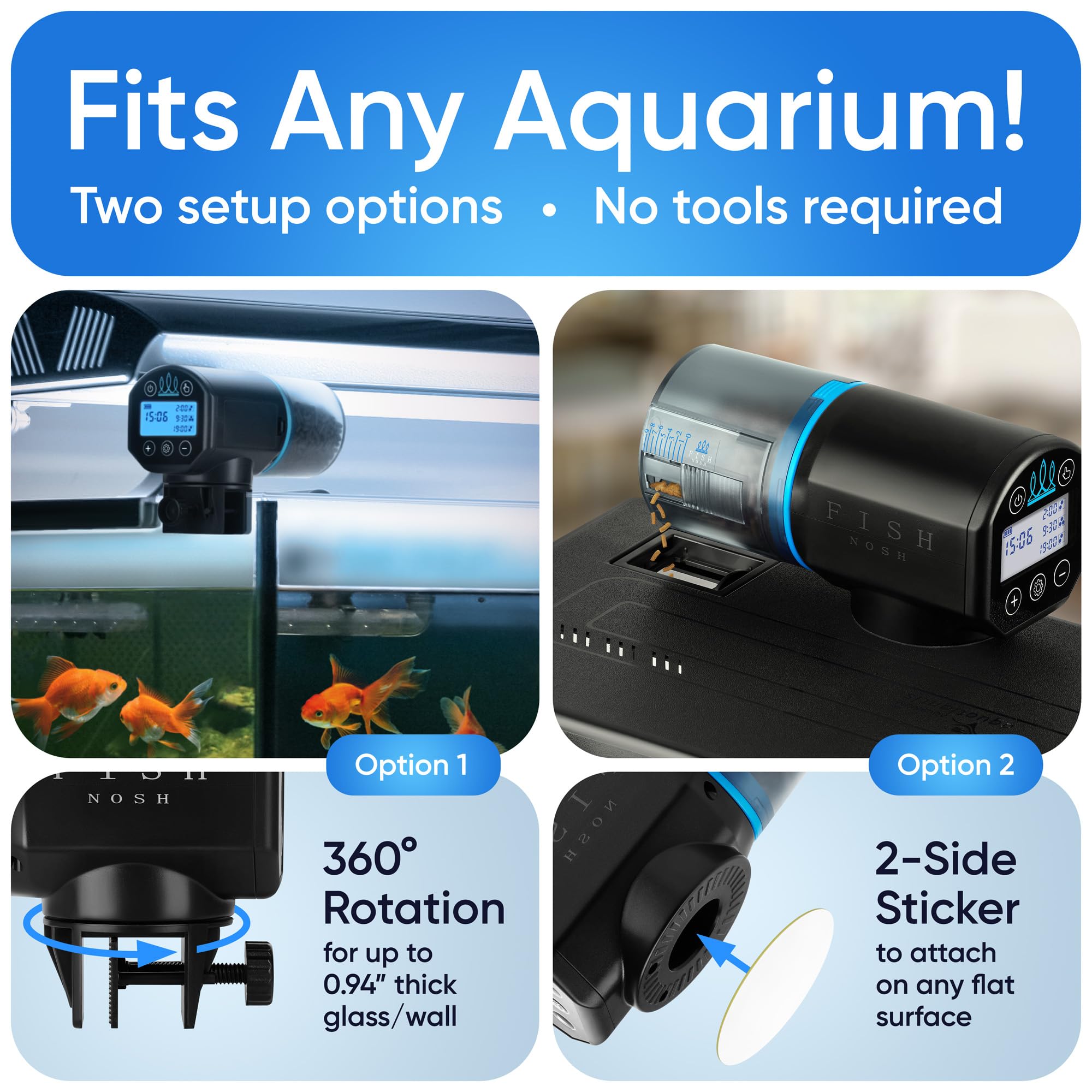 FISHNOSH Automatic Fish Feeder for Aquarium - New Generation 2025, Auto Food Dispenser with Timer for Small Tank, Big Aquariums & Pond (Blue)
