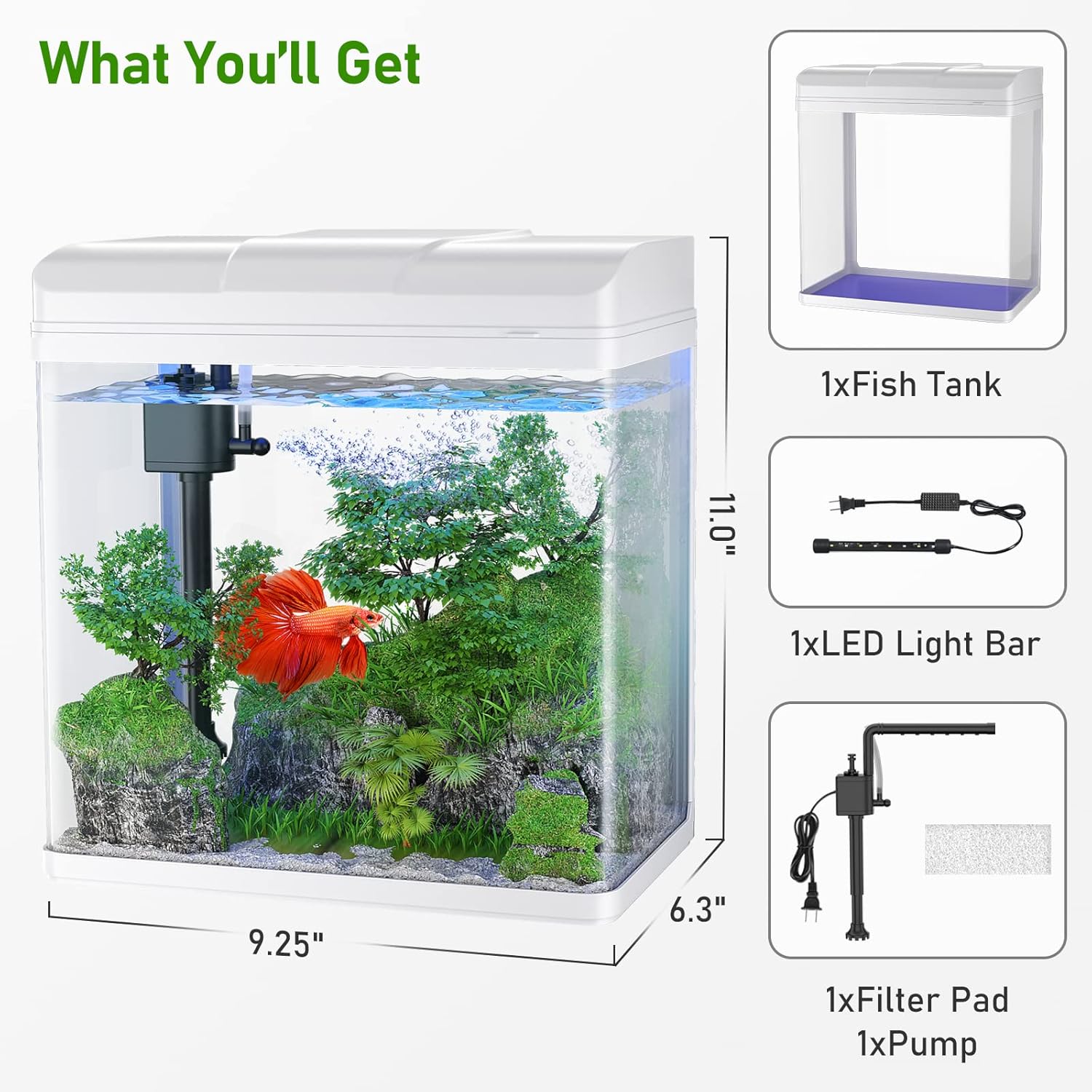PONDON Fish Tank, 1.7 Gallon Glass Aquarium with Air Pump & LED Light & Filter, Small Fish Tank for Betta Fish Starter Kit (White)