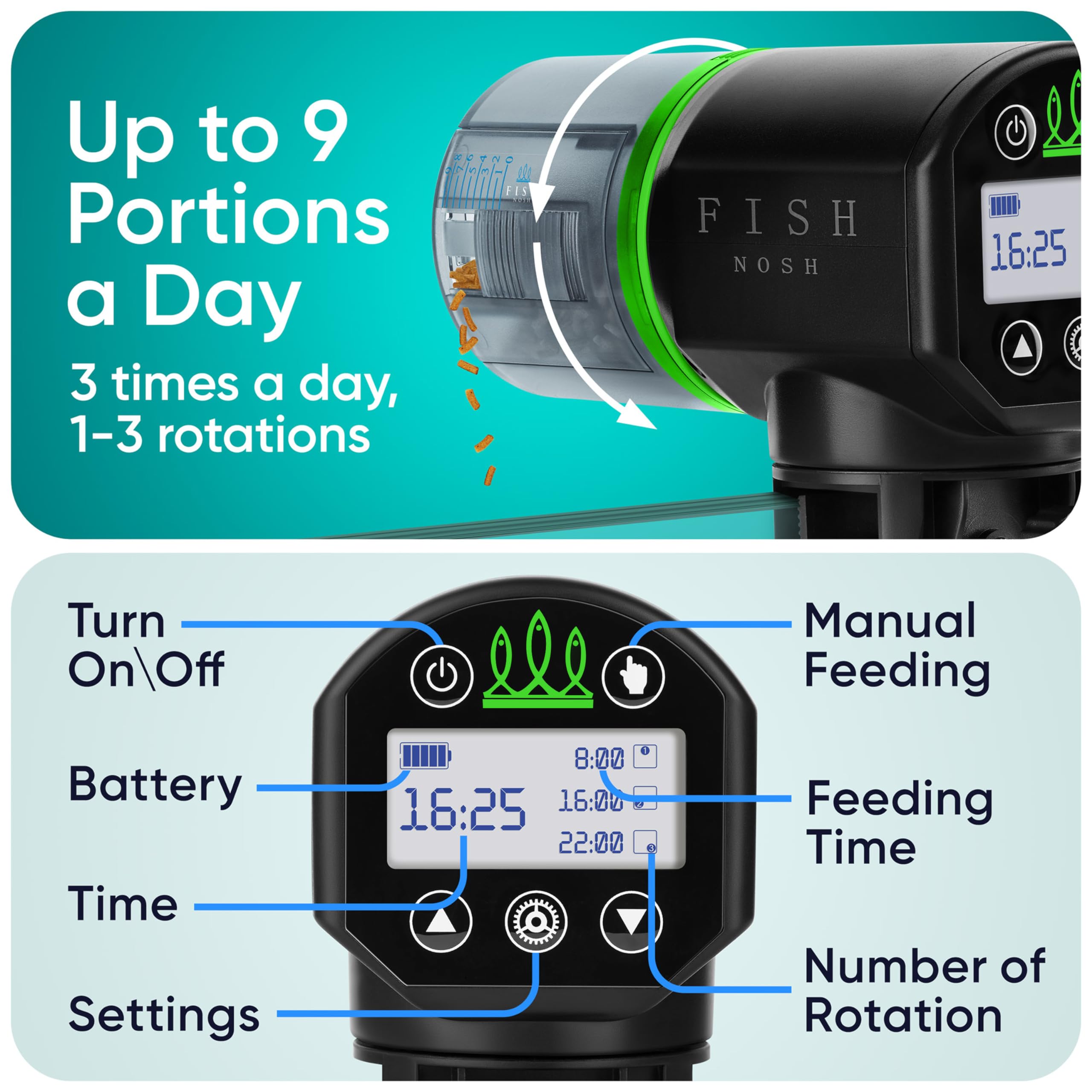 FISHNOSH Automatic Fish Feeder for Aquarium - New Generation 2025, Auto Food Dispenser with Timer for Small Tank, Big Aquariums & Pond (Blue)
