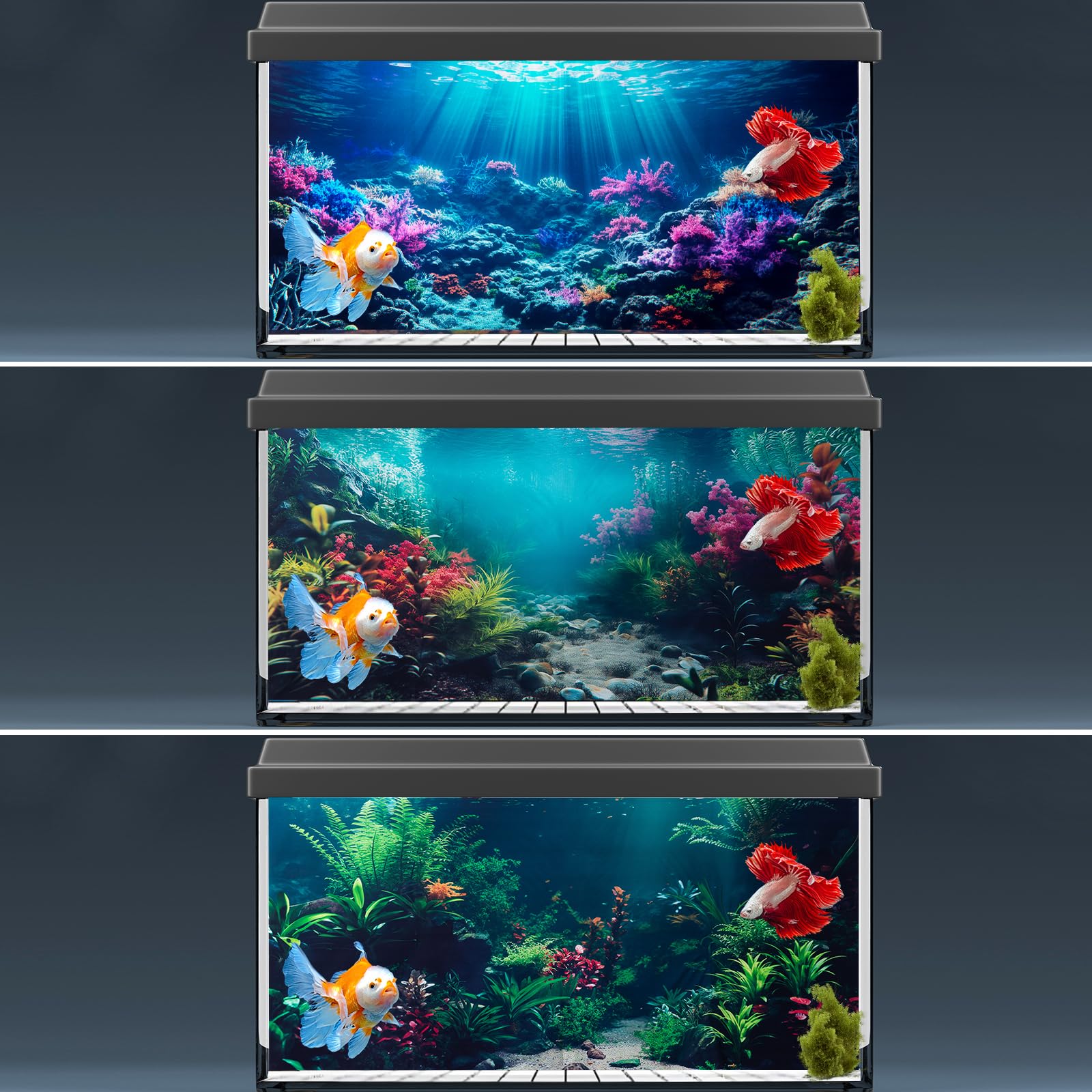 COMSUN 3 Pack Aquarium Background, 36x18 inches Polyester Aquarium Background, Cloth Fish Tank Background, Undersea Corals Sunshines & Rock Aquatic Plants