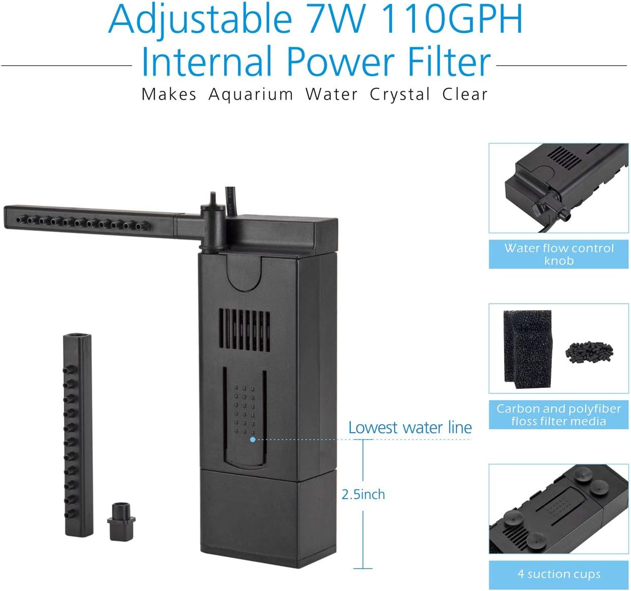 hygger Horizon 8 Gallon LED Glass Aquarium Kit for Starters with 7W Power Filter Pump, 18W Colored led Light, Wide View Curved Shape Fish Tank with Undetachable 3D Rockery Background Decor