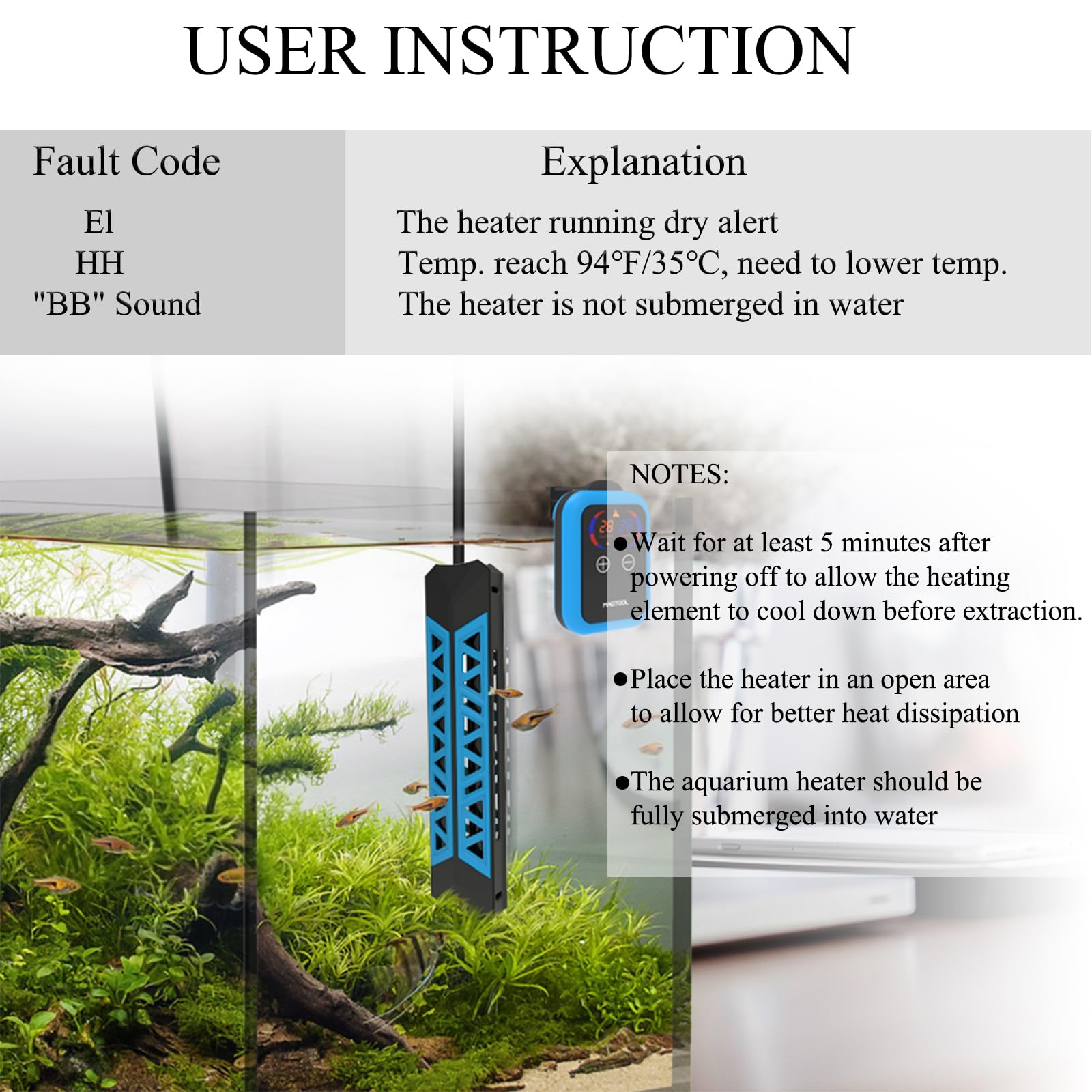 ＭagTool Aquarium Heater, 100W-1200W Submersible Fish Tank Heater with Over-Temperature Protection and Automatic Power-Off Fish Heater with Digital LED Controller for Freshwater and Saltwater