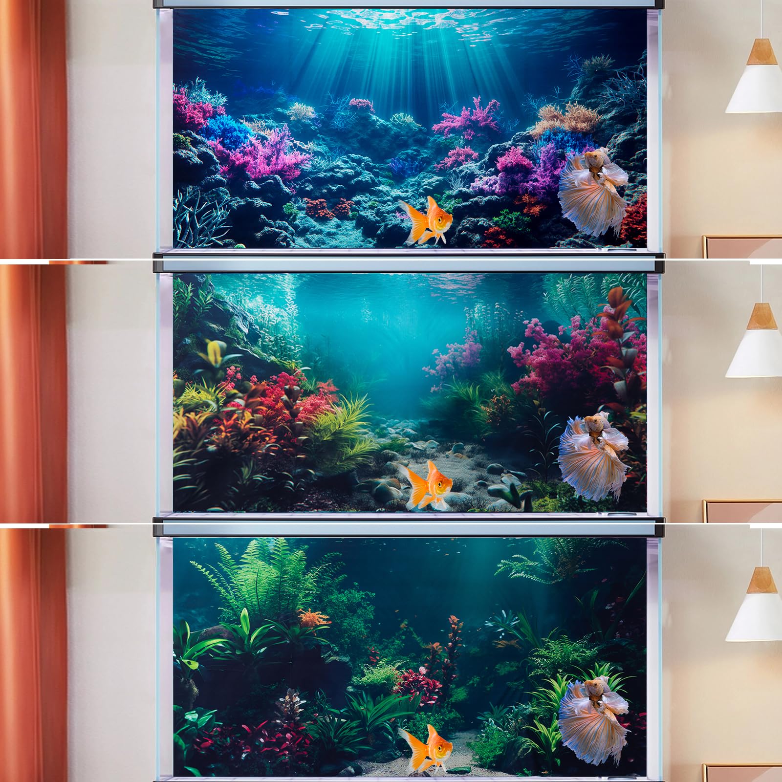 COMSUN 3 Pack Aquarium Background, 36x18 inches Polyester Aquarium Background, Cloth Fish Tank Background, Undersea Corals Sunshines & Rock Aquatic Plants